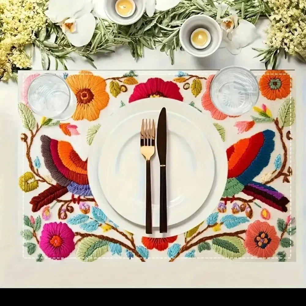 Floral Bird Pattern Linen Placemats 4pcs.